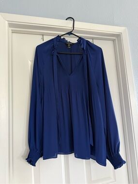 Ralph Lauren Royal Blue Pleated V-Neck Tie-Neck Blouse